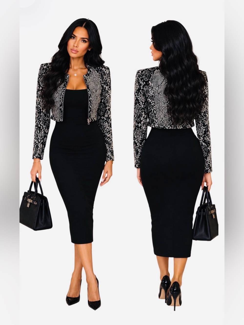 bebe Black & White Snake Animal Print Cropped Full Zip Lined Jacket Women’s 4